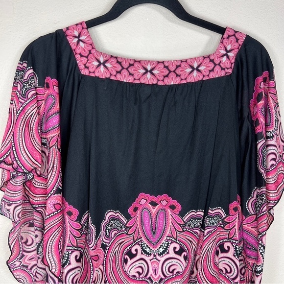 LARGE MADISON BLACK PINK PAISLEY BLOUSE RHINESTONE SHORT SLEEVE BOHO GLAM - Picture 7 of 10